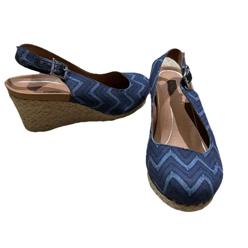 Vionic size 8 SANDALS Coralina Chevron Espadrille Slingback Wedge Aruba Blue G25